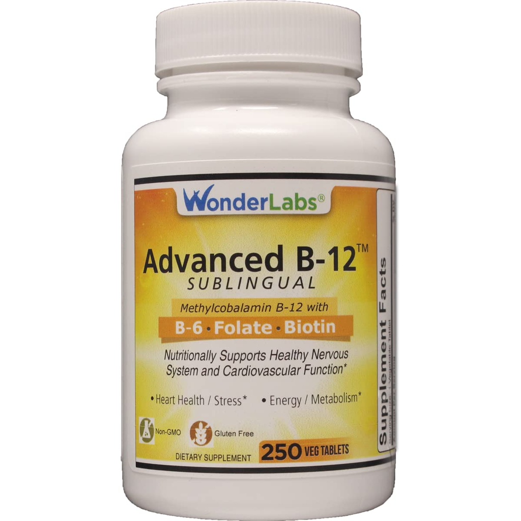 Wonder Laboratories Sublingual Vitamin B12 (1000 mcg), B6 (5mg), Folinsyre (400 mcg) & Biotin (25mcg) - Formuleret med Methylcobalamin Vitamin B- 12 (250 tabletter)