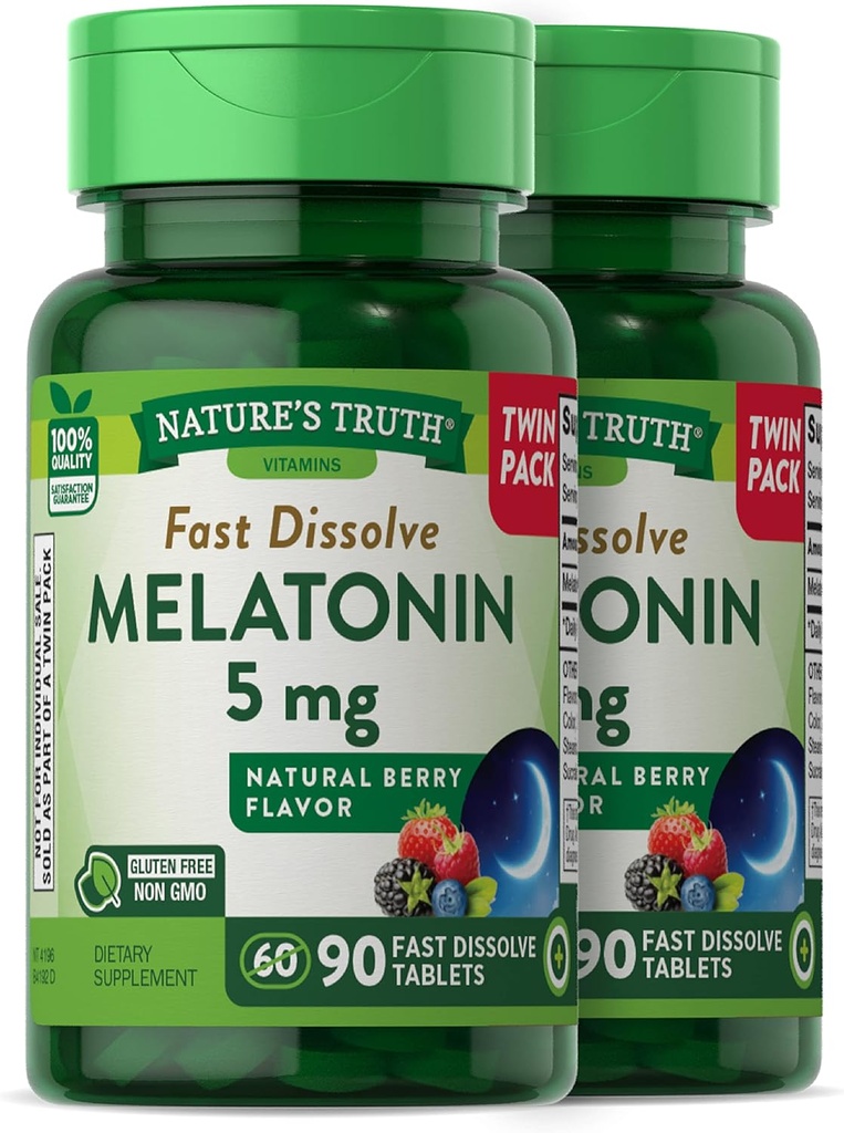 Nature 's Truth Melatonin 5 mg • 124; 180 Fast Opløs tabletter (2 X 90 Twin Pack) • 124; Natural Berry Flavor • 124; Vegetar, Non- GMO, Gluten Free Supplement