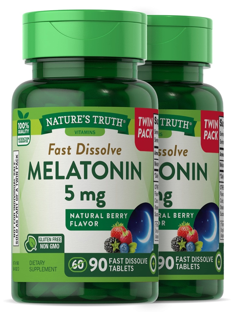 Nature 's Truth Melatonin 5 mg • 124; 180 Fast Opløs tabletter (2 X 90 Twin Pack) • 124; Natural Berry Flavor • 124; Vegetarisk, Non- GMO, Gluten Free Supplement