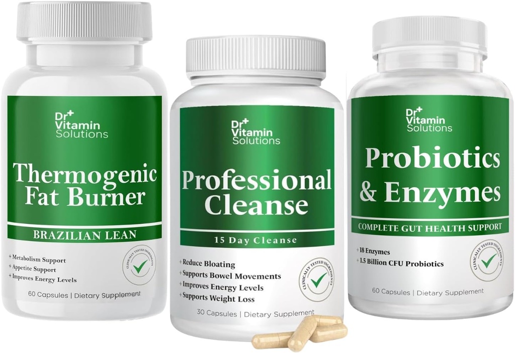 DR VITAMIN SOLUTIONER Termogene Fat Burner & Professional Detox Cleanse Bundle - 15 dages rengøring for vægttab, Gut Sundhed, og Bloating Relief - 240 Caps