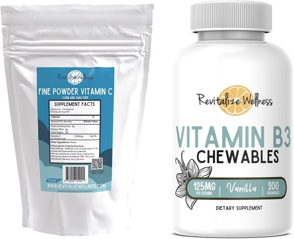 Bundle | Fine Powder Vitamin C, 454 Servings, and Vitamin B3 Chewables (Vanilla), 300 Servings