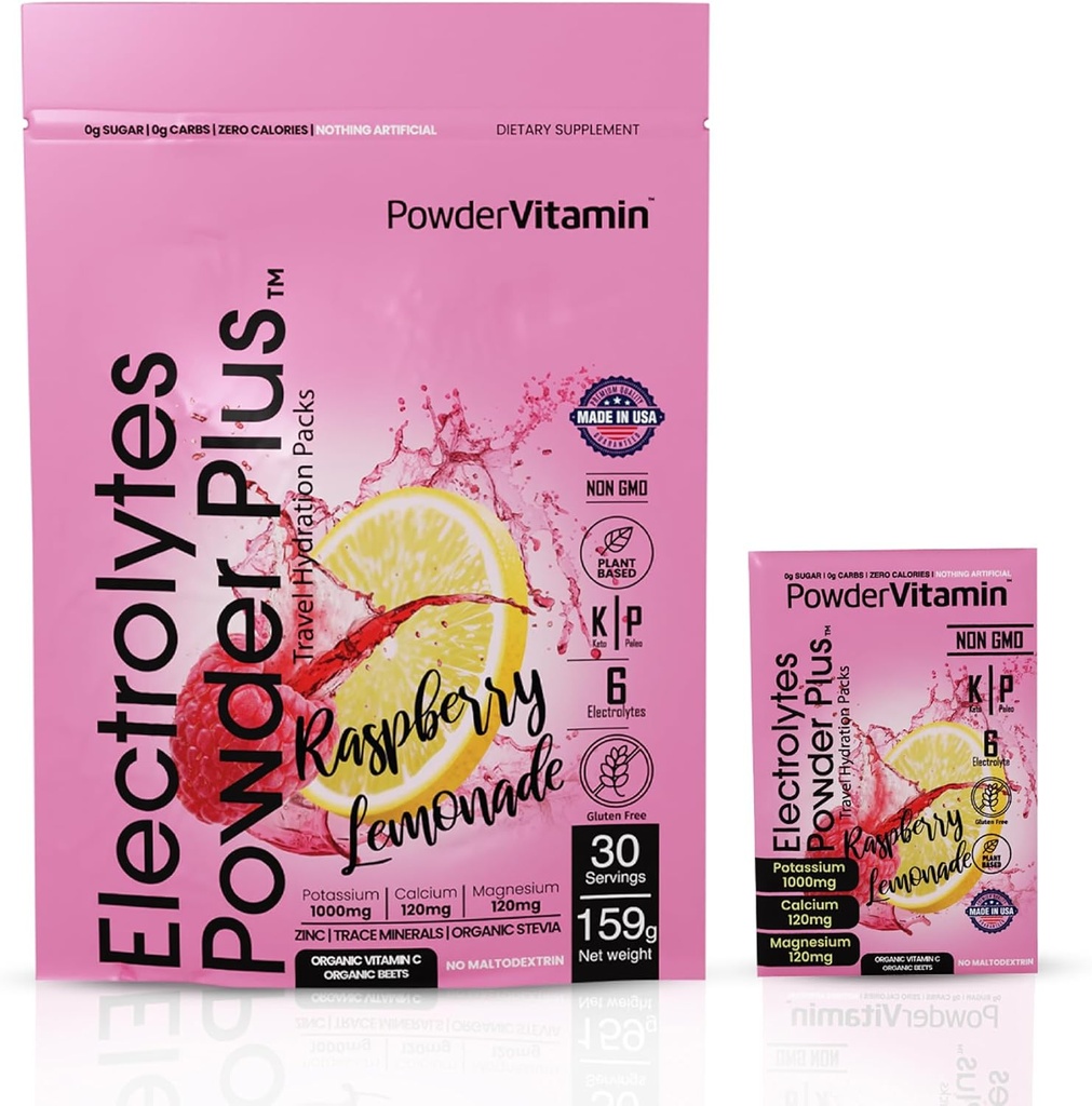 PowderVitamin Electrolytes Powder Plus, Keto, Raspberry Lemonade, Sugar Free, 1000mg Kalium, 120mg Calcium, 120mg Magnesium, Non- GMO, Zero Calories, 30 Hydrationspakker