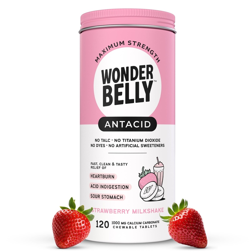 Wondermave Antacida, Effektiv Heartburn og Instant Acid fordøjelsesbesvær Relief, Ekstra styrke tyggetabletter, 1000 mg Calcium Carbonat, Ingen Talc eller Dye, Jordbær Milkshake, 120 Count