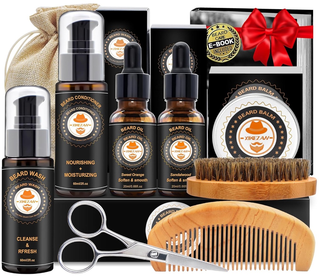 XIKEZAN Beard Kit til mænd Grooming & Care w / Beard Conditioner, Wash, Oil, Balm, Brush, Comb, Fødselsdag Fædre Valentines Gaver til mænd ham far Mand Kæreste Julegaver Herre Stuffers