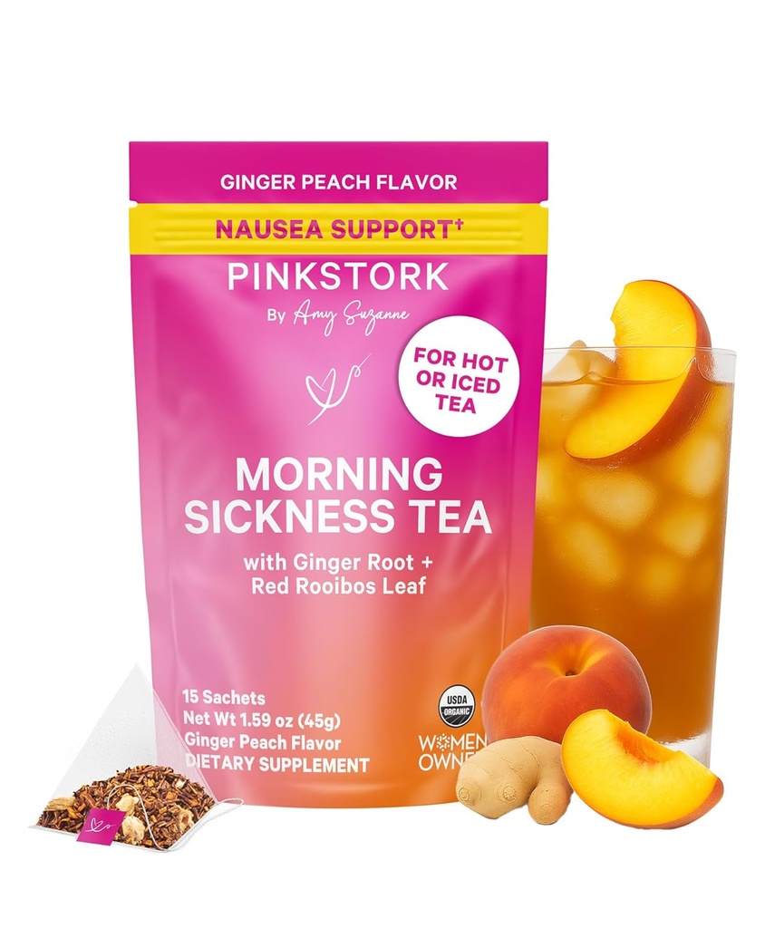 Pink Stork Organic Morning Sygdom Graviditet Tea - Hot eller Iced Tea - Prenatal Heartburn, fordøjelsesbesvær, og Forstoppelse Support - 1. Trimester Graviditet skal Haves - Ingefær Peach, 15 Sachets