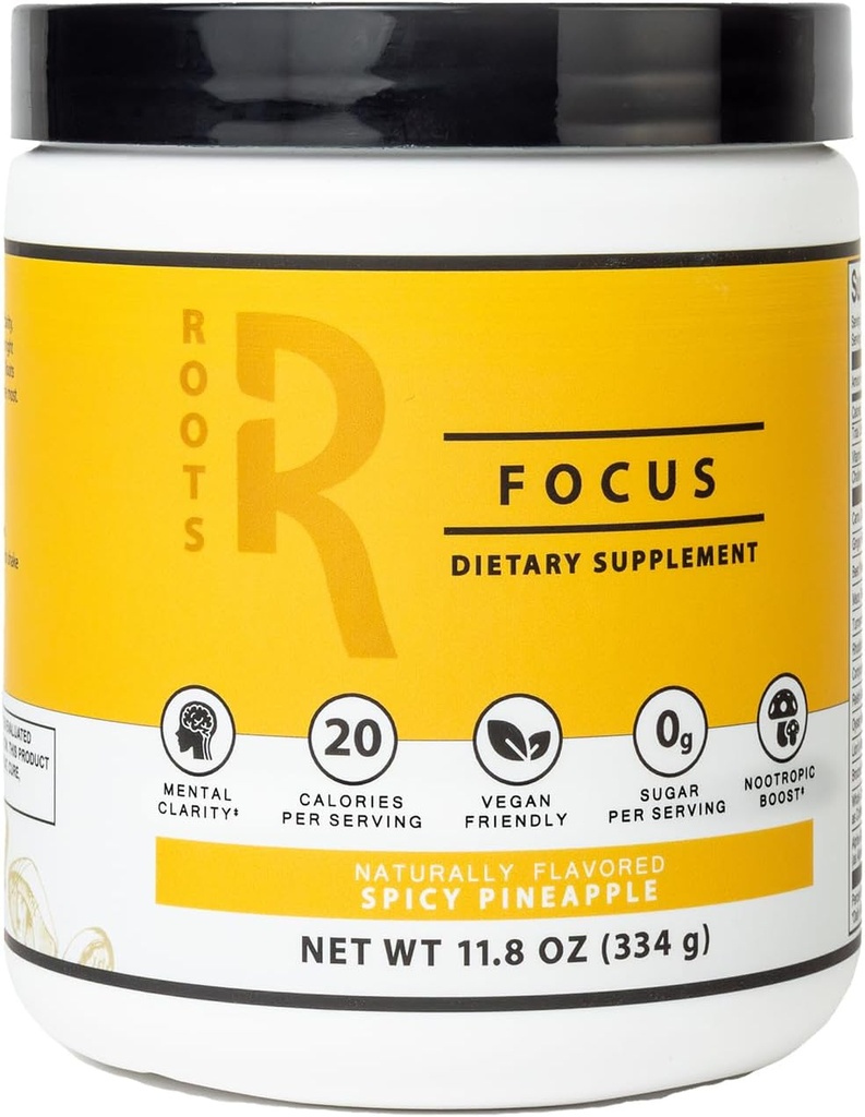 Silver Star Nutrition, Roots Focus Nootrop Brain Supplement - Spicy Pineapple, Blend of Lion 's Mane, Cordyceps, & Reishi Functional Mushrooms + Extended-Release Kaffein, 50 Servere