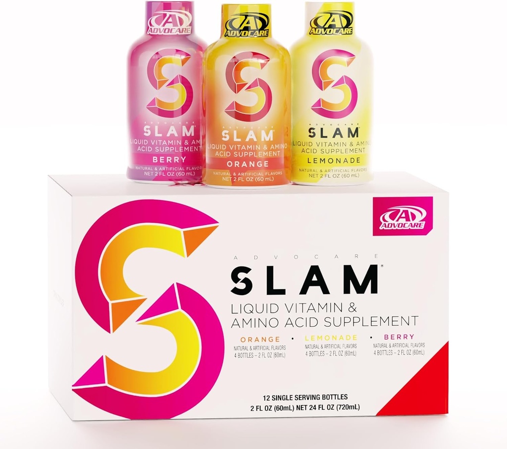 AdvoCare Slam Variety Pack - Flydende Vitamin & Aminosyre supplement - Indeholder vitamin B-12, B-6, Folsyre & mere - Orange, Berry & Lemonade - 12 flasker