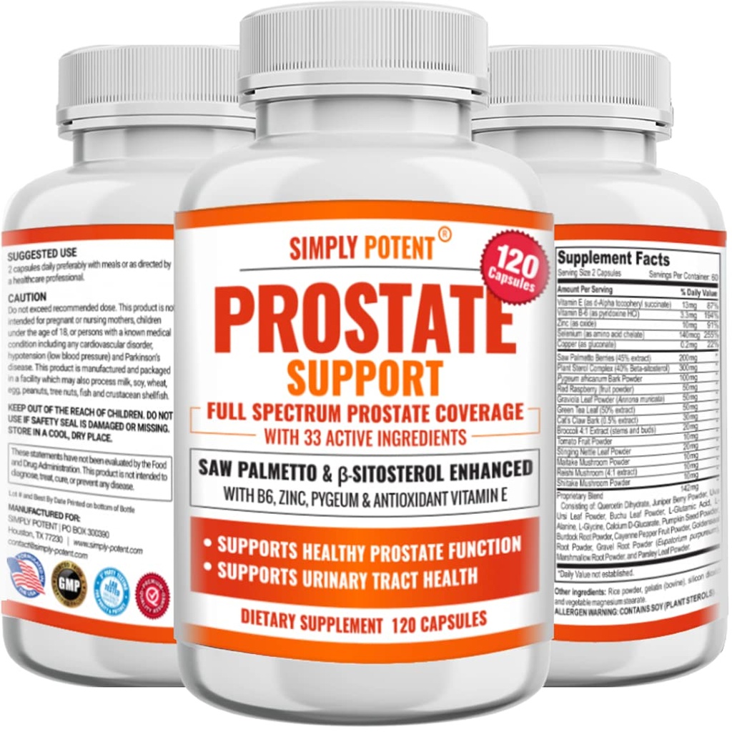 Prostata Kosttilskud til mænd (120 kapsler), Saw Palmetto Prostata Health Support - 33 Vitaminer & urter - Beta sitosterol Plus B6, Selen & Zink til sund vandladning Frekvens & Flow & Korrekt søvn