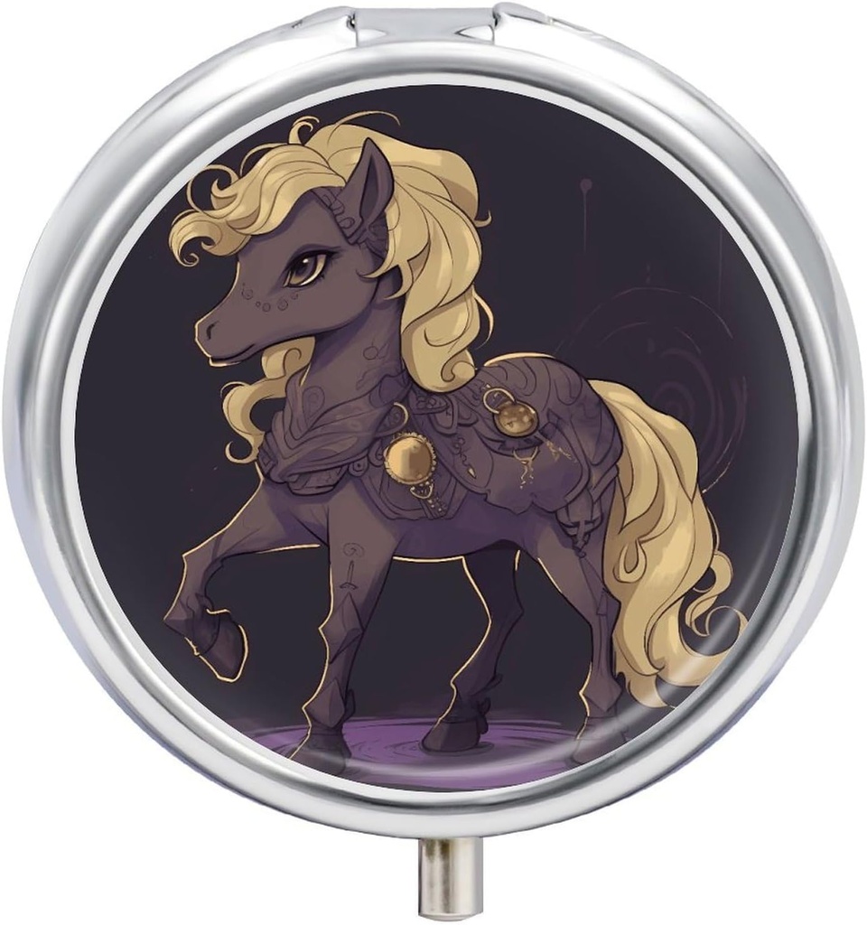 Round Pill Case 3 Segment Clip Art af en hest Pill Box Mini Medicine Pill Arrangør Portable rejse Pillbox til Pocket Purse Metal Pill Container til Vitamin Fish Oil Kosttilskud