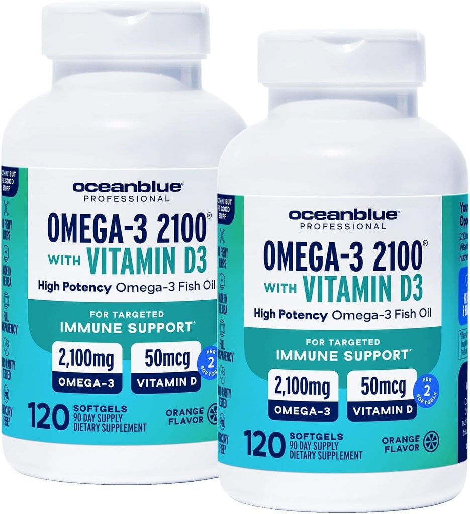 Oceanblue Professional Omega-3 2100 med D3- 120 ct - 2pack - Triple Strength Burpless Fish Oil Supplement med højpotens EPA, DHA, DPA og D3- vitamin - Wild- Fanget - Orange Flavor