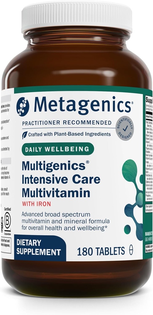 Metagenics Multigenics Intensive Care Multivitamin med jern - Kosttilskud til hverdagen - med jern, Quercetin, Beta- Caroten, Ascorbic Acid & mere - Non- GMO - Gluten- fri - 180 tabletter