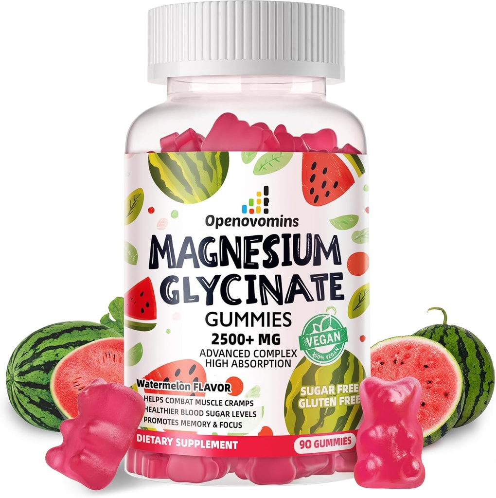 Magnesium Glycinate Gummies 2500mg - Sugar Free Magnesium Kalium Supplement med D-vitamin, B6, CoQ10 for Calm Mood & Sleep Support - 90 Watermelon Gummies