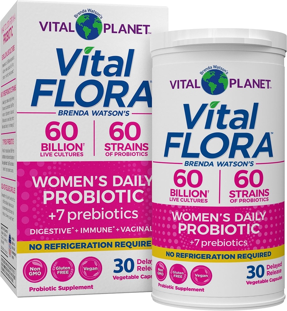 Vital Planet - Vital Flora Probiotika til kvinder 60 milliarder CFU, Diverse Strops, Daglig Hylde Stabil Probiotika med økologiske Prebiotika, for vaginal support, immunforsvar og fordøjelsessygdomme 30 Kapsler
