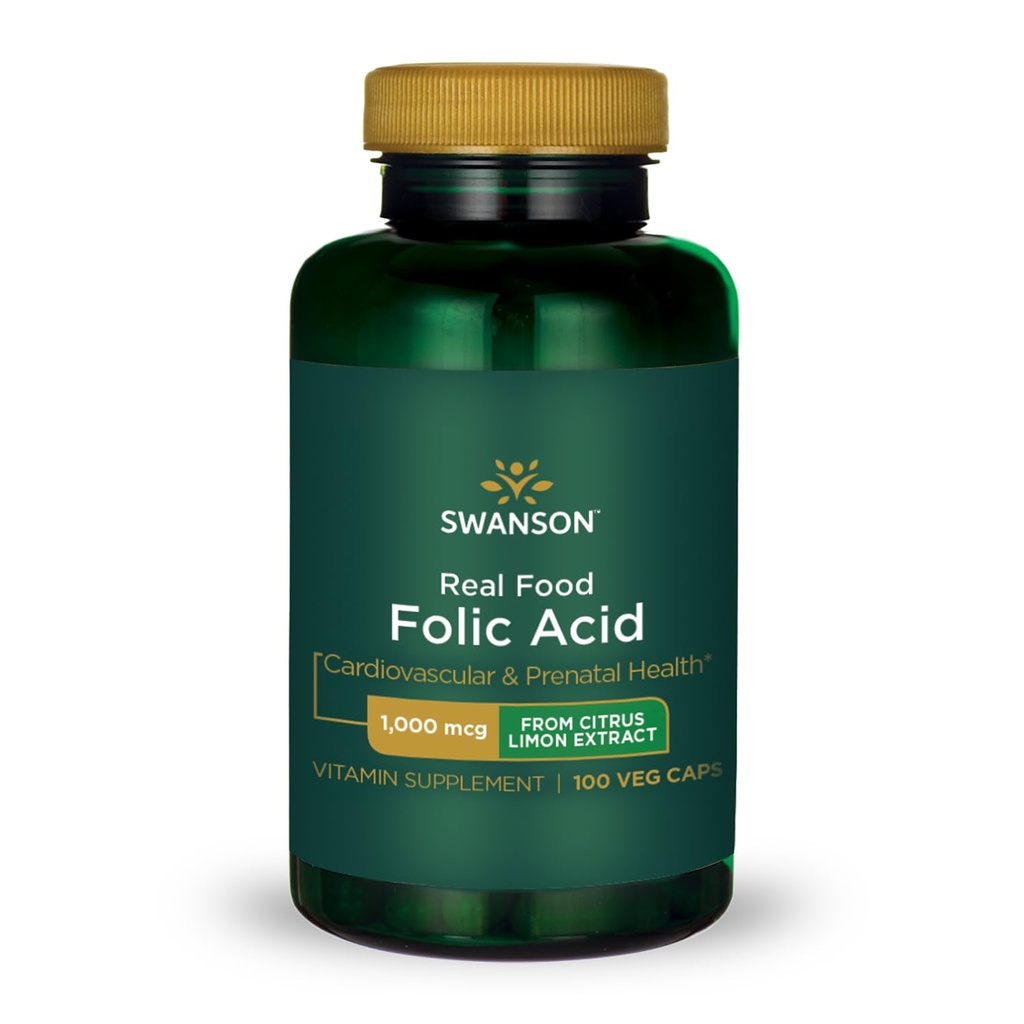 Swanson Real Food Folate Vitamin B- 9 Kardiovaskulær Prenatal Health fra Citrus Limon Extract Vegan Gluten- Free Non- GMO B9 1000 mcg 100 Veggie Capsules (Caps)