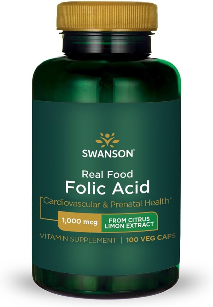 Swanson Real Food Folate Vitamin B- 9 Kardiovaskulær Prenatal Health fra Citrus Limon Extract Vegan Gluten- Free Non- GMO B9 1000 mcg 100 Veggie Capsules (Caps)