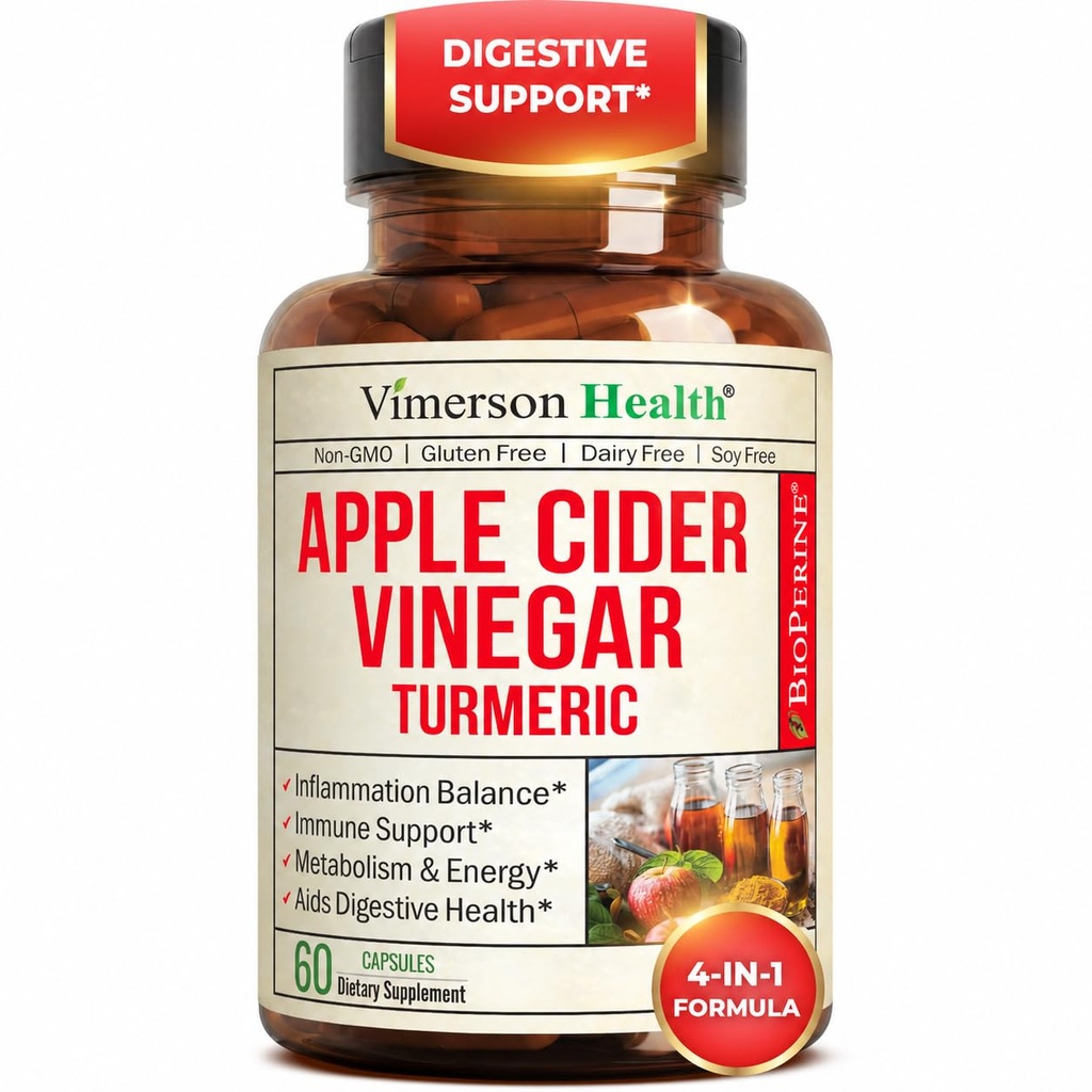 Organic Apple Cider Vincils med gurkemeje supplement & ingefær til fordøjelsessygdomme, Metabolisme, Energi & fælles støtte - Økologisk gurkemeje & Apple Cider Vincile kapsler. 60 Vegan non-GMO Caps