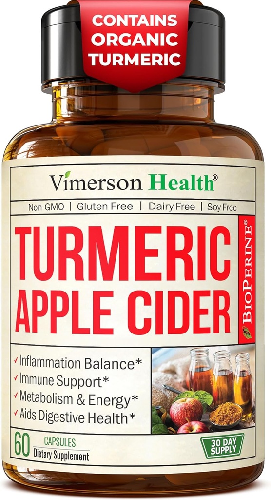 Organic Apple Cider Vincils med gurkemeje supplement & ingefær til fordøjelsessygdomme, Metabolisme, Energi & fælles støtte - Økologisk gurkemeje & Apple Cider Vincile kapsler. 60 Vegan non-GMO Caps