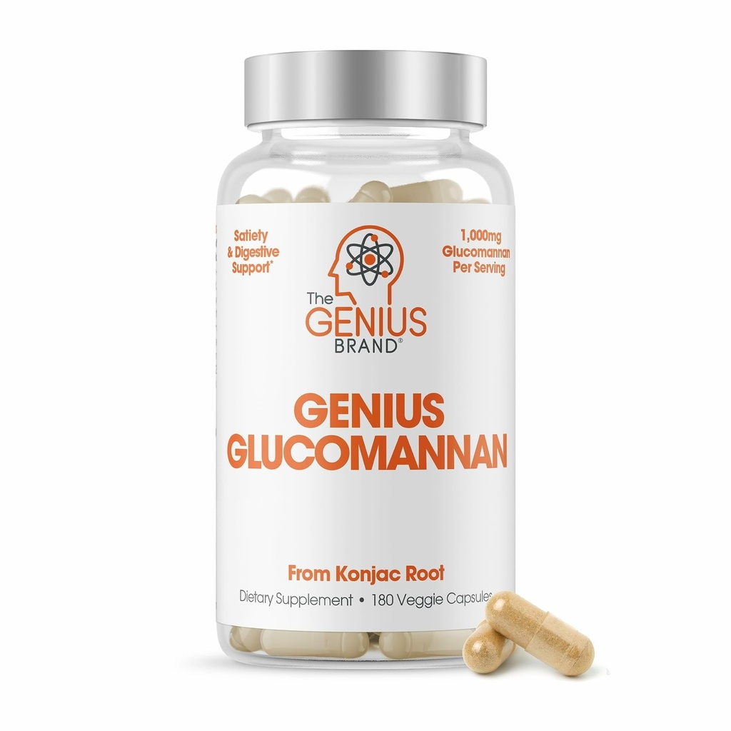 Genius Brand Genius Glucomannan - Glucomannan kapsler til fordøjelsessygdomme, Energi & Satiety Support - Naturfibre til Mave Comfort - Non-GMO & Vegan - 180 Veggie kapsler