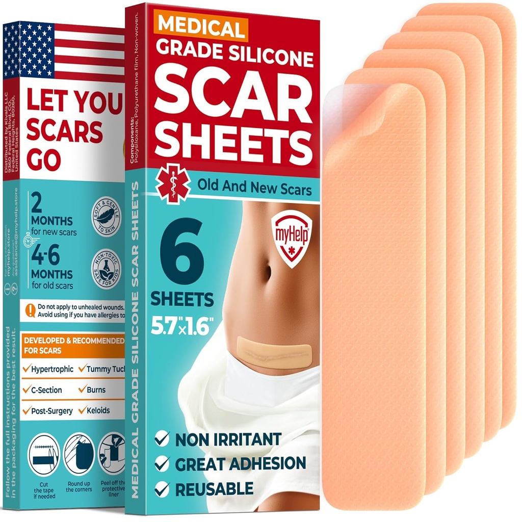 Medical Grade Silicone Scar Sheets - 6pk (5.7 "x1.6") - synlig forskel på kirurgiske & Keloid Marks - Genanvendelige C- sektion Scar Silicone Strips - Let at bruge Strips