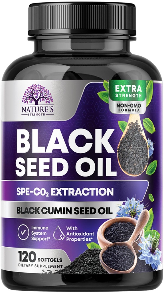 Black Seed Oil Capsules 1000mg med Thymoquinone - Pure Nigella Sativa for hud sundhed & immunforsvar, 100% Blackseed Oil, Amazing Extraction Over Cold Pressed Black Cumin Seed - 120 Softgels