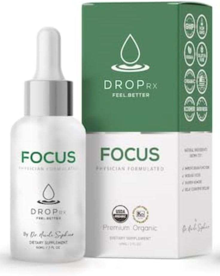 DropRx Focus af Dr. Nicole Saphier - Ginkgo Biloba & Ginseng, Bacopa, Rosemary & Sage for Memory Improvement and Brain Focus - Organic, Non- GMO, Vegan, Gluten- Free, Kosher, Made in USA (2 Fl Oz)