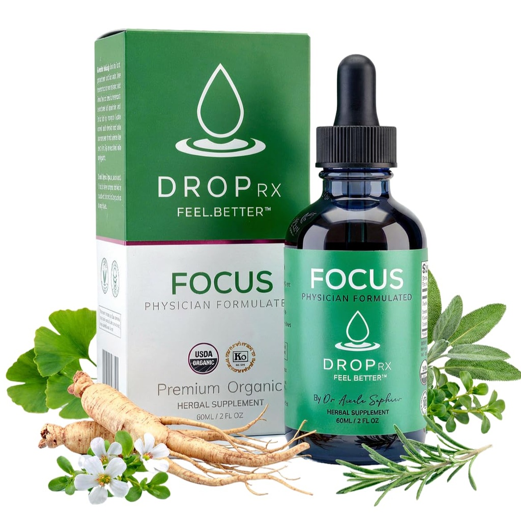DropRx Focus af Dr. Nicole Saphier - Ginkgo Biloba & Ginseng, Bacopa, Rosemary & Sage for Memory Improvement and Brain Focus - Organic, Non- GMO, Vegan, Gluten- Free, Kosher, Made in USA (2 Fl Oz)