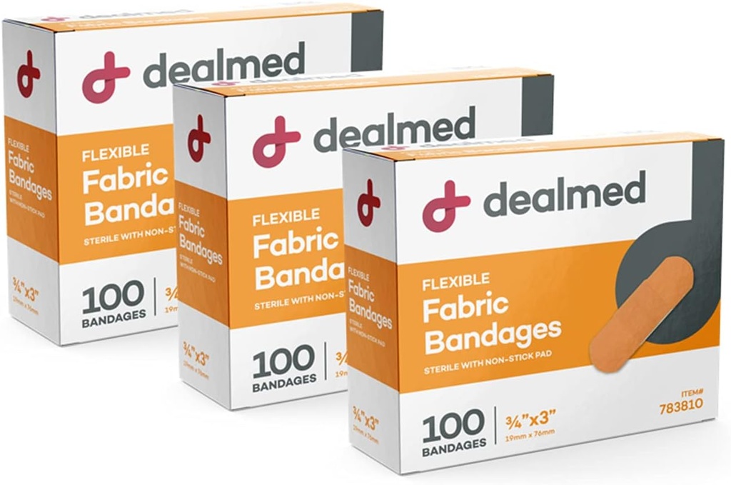 Dealed Fabric Flexible Adhesive Bandages - 100 Count (3 Pack) Bandages med Non- Stick Pad, Latex Free, Sårpleje til Førstehjælp Kit, 3 "x 3 / 4"