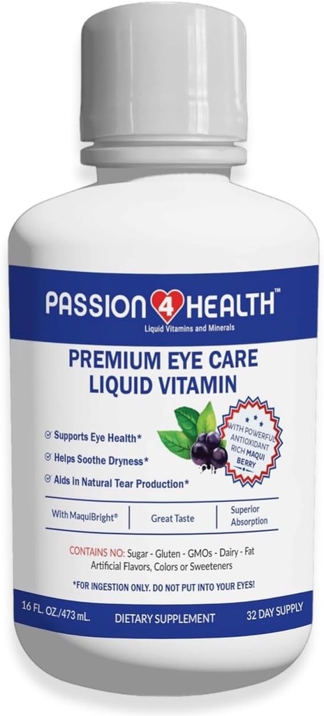 Passion 4 Health Liquid Eye Vitamin - Natural Vision & Adult Eye Care Supplement - Premium Support med Maqui Berry Extract, Gluten- Free, Non- GMO, No Sugar - 30-Day Supply, Made in USA