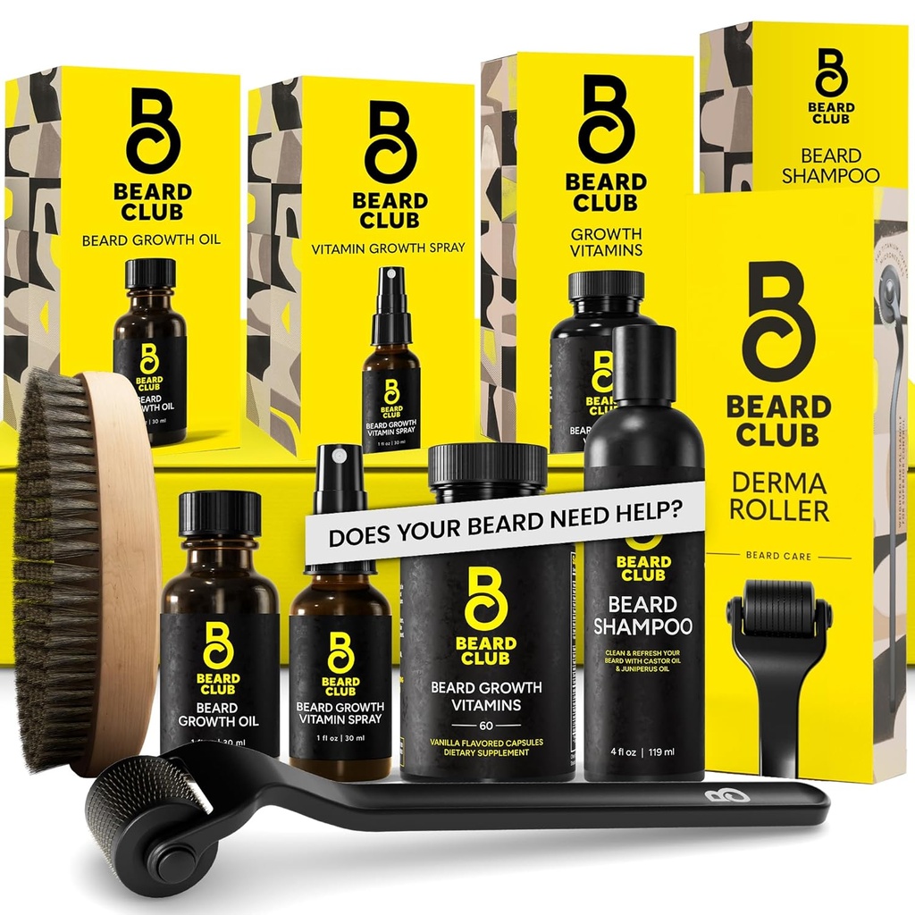 The Beard Club Advanced Beard Growth Kit - Derma Roller, Growth Oil, Vitamin og Vitamin Spray, Shampoo og vildsvin Brittle Brush - Gavesæt - Cedar
