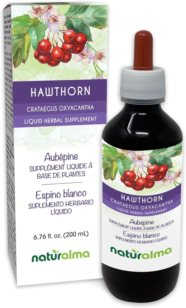 Naturalma Hawthorn (Crataegus oxyacgaris) Blad- og blomst Alkoholfri tinktur - 6,76 fl oz flydende ekstrakt i dråber - Urtetilskud - Vegan
