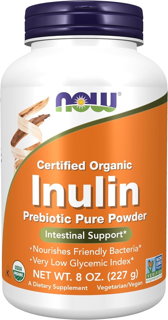 Now Foods Supplements, Inulin Prebiotic Pure Powder, Certified Organic, Non- GMO Project Verified, Intestinal Support *, 8-Ounce