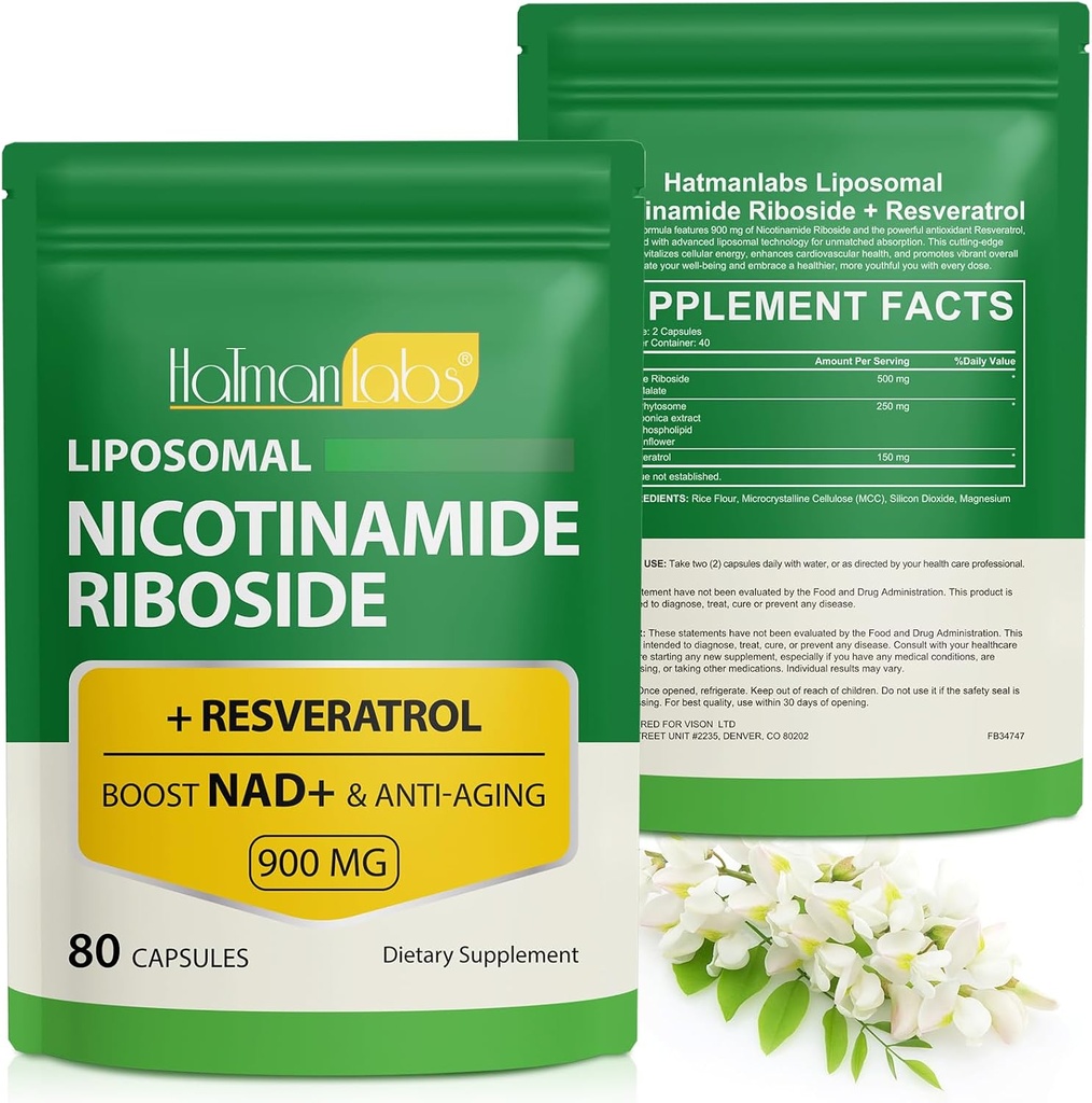 NAD + tillæg med Nicotinamid Riboside - Liposomal Nicotinamid Riboside 900Mg, høj renhed Resveratrol NAD tillæg for anti- Aging, energi, Focus - 80 kapsler