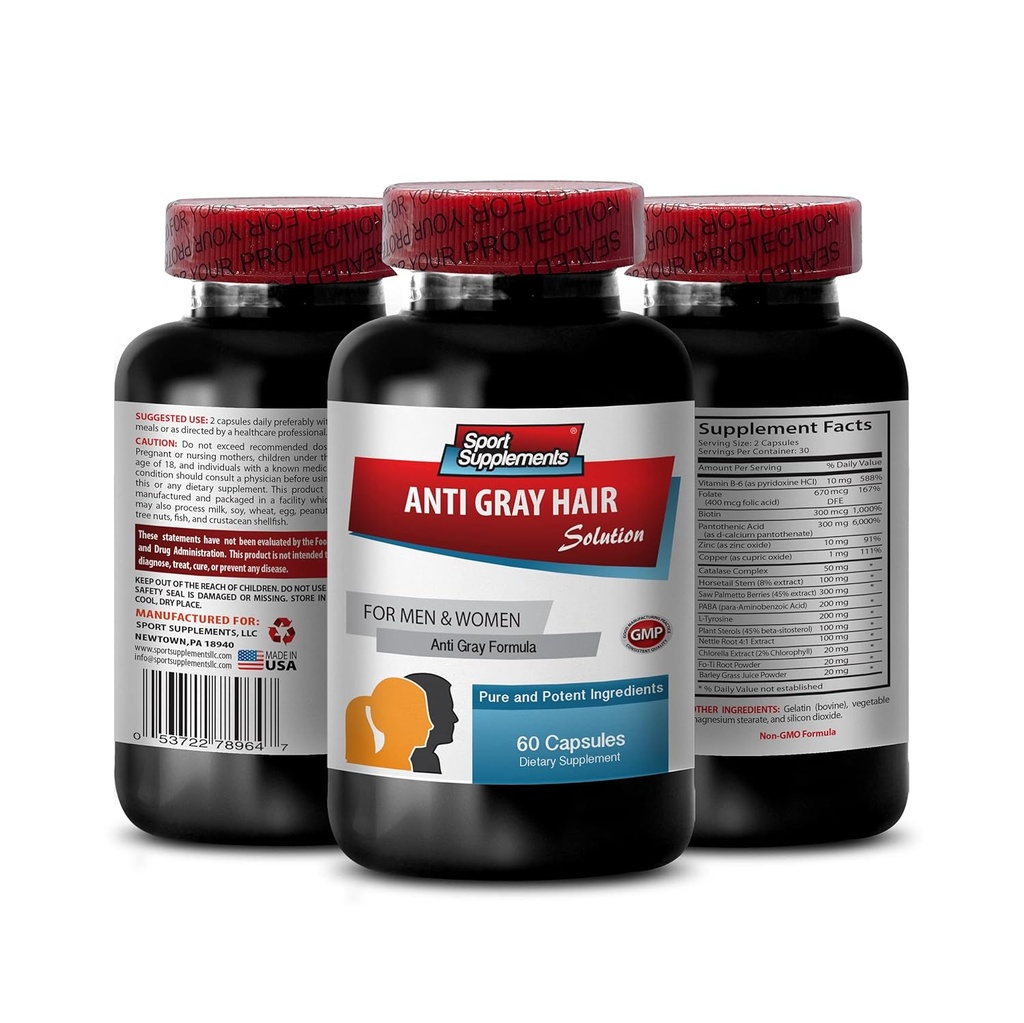 Nitle root ekstrakt pulver - Anti Gray Hår - Anti grå hår serum, Folinsyre, Biotin, Pantothenic Acid, Catalase, Horse Hale ekstrakt, Saw Palmetto, PABA, L-Tyrosin, Nitle Root Extract - 1B 60 Cap