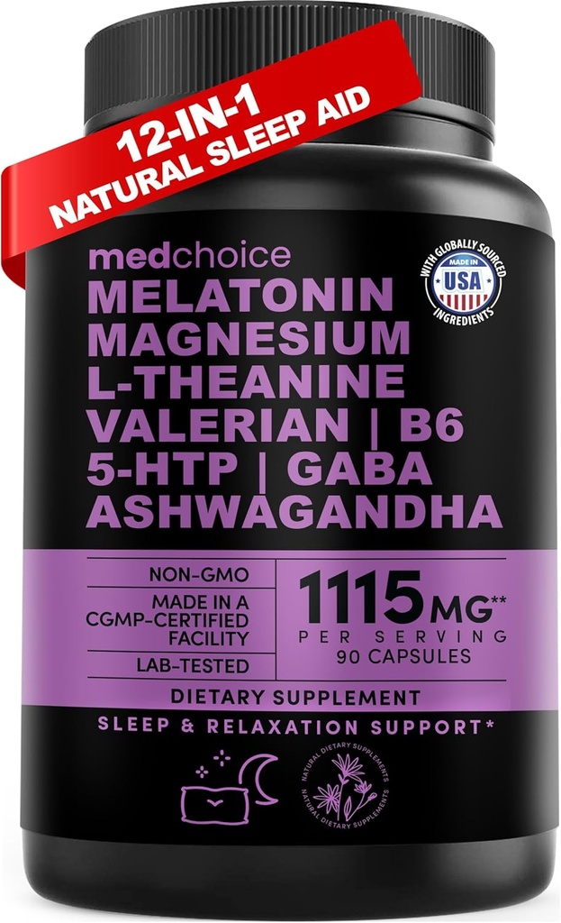 12- in-1 Melatonin sovekapsler - naturlige sovemidler til voksne med Melatonin 5mg og Magnesium Glycinat 500mg, Sleep Aid med Ashwagandha, L Theanine, Valerian Root, GABA, 5- HTP (90ct, Pack of 1)