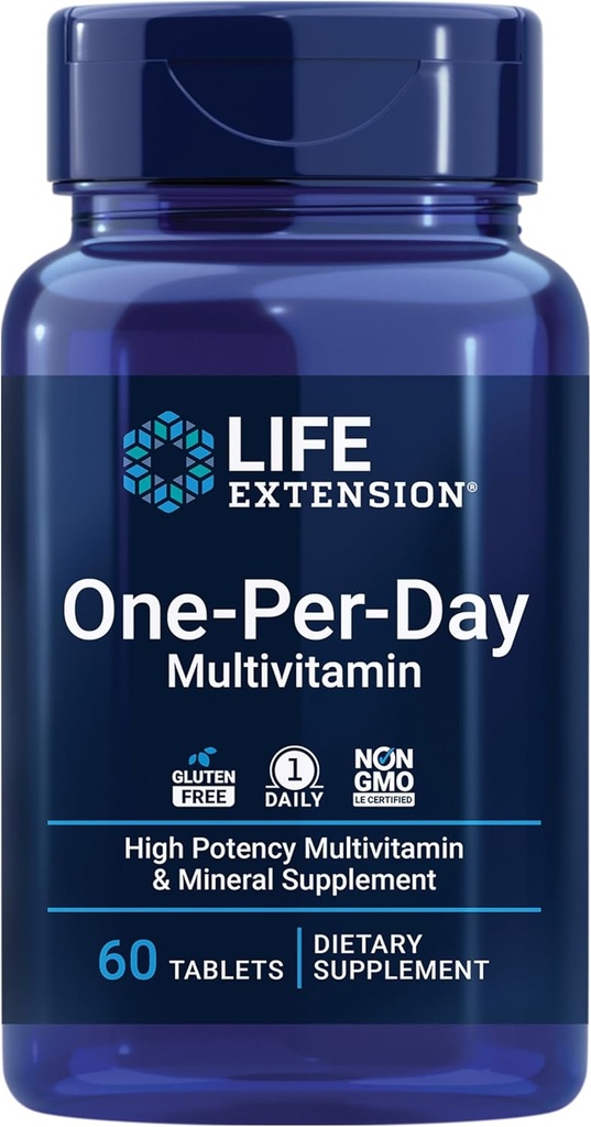 Life Extension One- Per- Day Multivitamin - Pakket med over 25 Vitamin, Minerals & Plant Ekstrakter, Quercetin, 5-MTHF Folate & mere - 1-Daily, Non- GMO, Gluten- Free - 60 tabletter