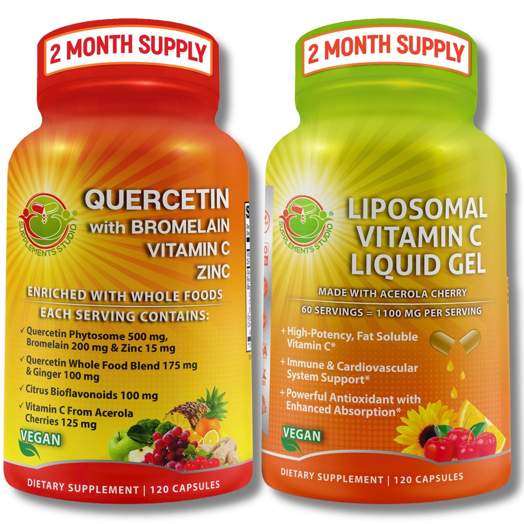Immunsupport Bundle - Quercetin med bromelain, C-vitamin og zink + Liposomal C-vitamin 1100mg - med økologisk fuldfoder Blend & Acerola Cherry - Antioxidant, Respiratorisk & Kardiovaskulær Support