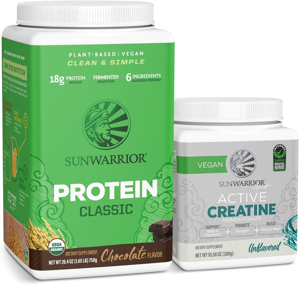 Sunwarrick Brown Rice Protein Powder Plant- Based Dex124; Chokolade 30 Servere & Creatin Monohydrat Powder Dex124; Mikroniseret Unflavored, 60 Servere