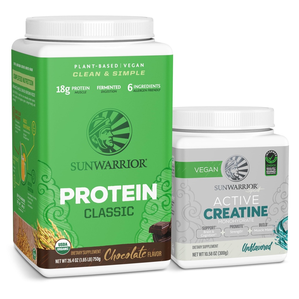 Sunwarrick Brown Rice Protein Powder Plant- Based Dex124; Chokolade 30 Servere & Creatin Monohydrat Powder Dex124; Mikroniseret Unflavored, 60 Servere