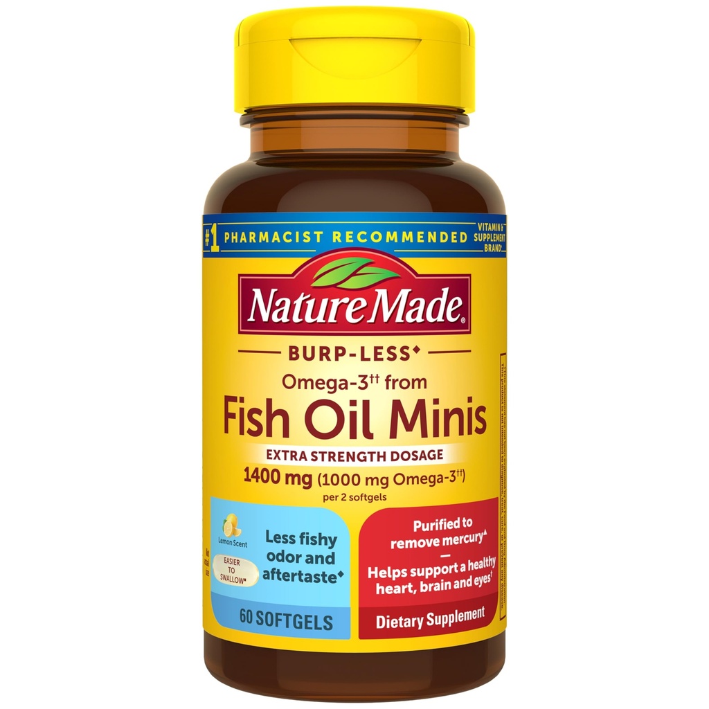 Nature Made Extra Strength Burp Mindre Fish Oil Omega 3 Kosttilskud 1400 mg Minis, Omega 3 Fish Oil som Ethyl Esters for Sund Heart Brain Eyes Support, 60 Softgels, 30 Day Supply
