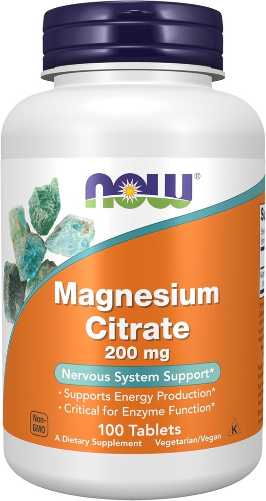 Now Foods Supplements, Magnesium Citrate 200 mg, Enzyme Funktion *, Nervesystemet Support *, 100 tabletter
