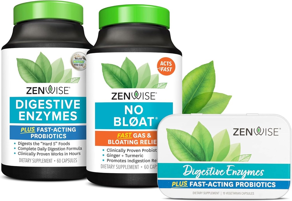 Zenvise Health Bliss Bundle fordøjelsesenzymer + Ingen bloat + Gratis rejse Tin - pre og Post Meal fordøjelsesrutin med enzymer og probiotika til fordøjelse