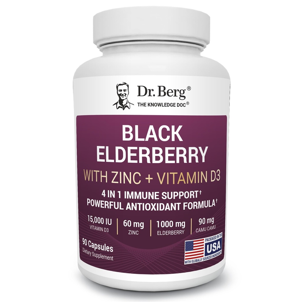 Berg Black Elderberry Capsules (Advanced immunsupport *) med 15.000 IE vitamin D, 60 mg zink, & 90 mg Camu Camu - (4 - in-1) Sambucus Elderberry immunsupport supplement - 90 kapsler