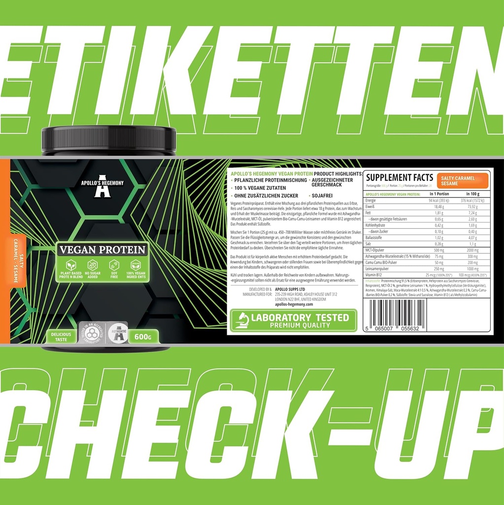 APOLLO 'S HEGEMONY Vegan Protein 600g: Plantbaseret protein med Pea, Rice og Gær - Rig i Aminosyrer - 24 Serveringer - Sugar- Gratis og befæstet med vitamin B12, Sesame Flavour