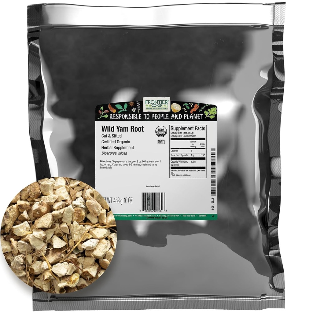 Frontier Co- op Wild Yam Root, Cut and Sigted, Certified Organic, Kosher Medical 124; 1 LB Bulk Bag Medical 124; Dioscorea villosa L.