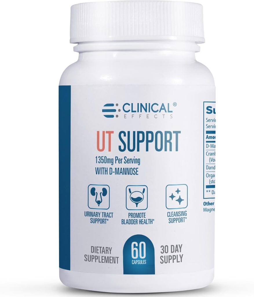 Kliniske effekter UT Support - Natural Cleanse og Urinary Tract Health Support - D- Mannose, Mælkebøtte, Hibiscus og Cranberry Pills til kvinder - 60 D Mannose Kapsler - Made in USA