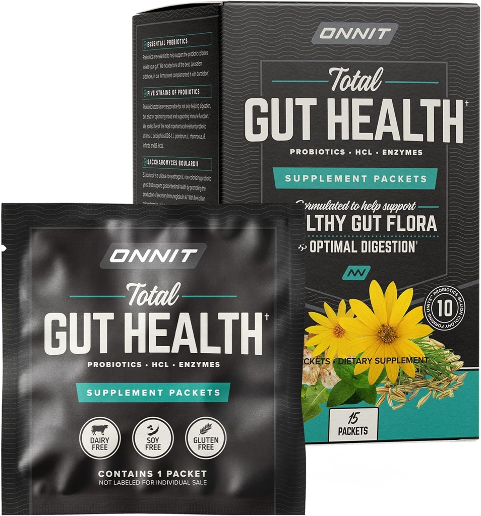 Onnit Total Gut Health: Daglig Prebiotic, Probiotic, og fordøjelsesfremmende Enzyme Pakker (15 Pack)