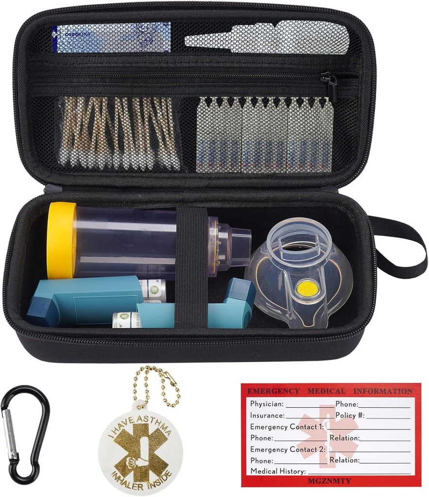 MGZNMTY Travel Carriing Case Kompatibel med Astma Inhaler plads til voksne og børn, Masker, Inhaler Holder med Astma Alert Tag og Medical Card, Carabiner (Kun tilfældet) (Sort)