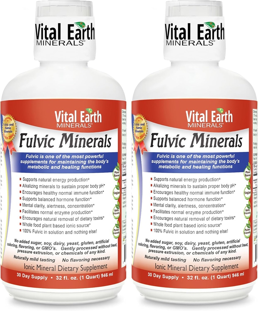 Vital Earth Minerals Fulvic Minerals Liquid - Fulvic Acid Supplement med 70 + Trace Minerals, Electrolytes for Energy & Vitality, 32 Oz Ea + 1 Oz Cup