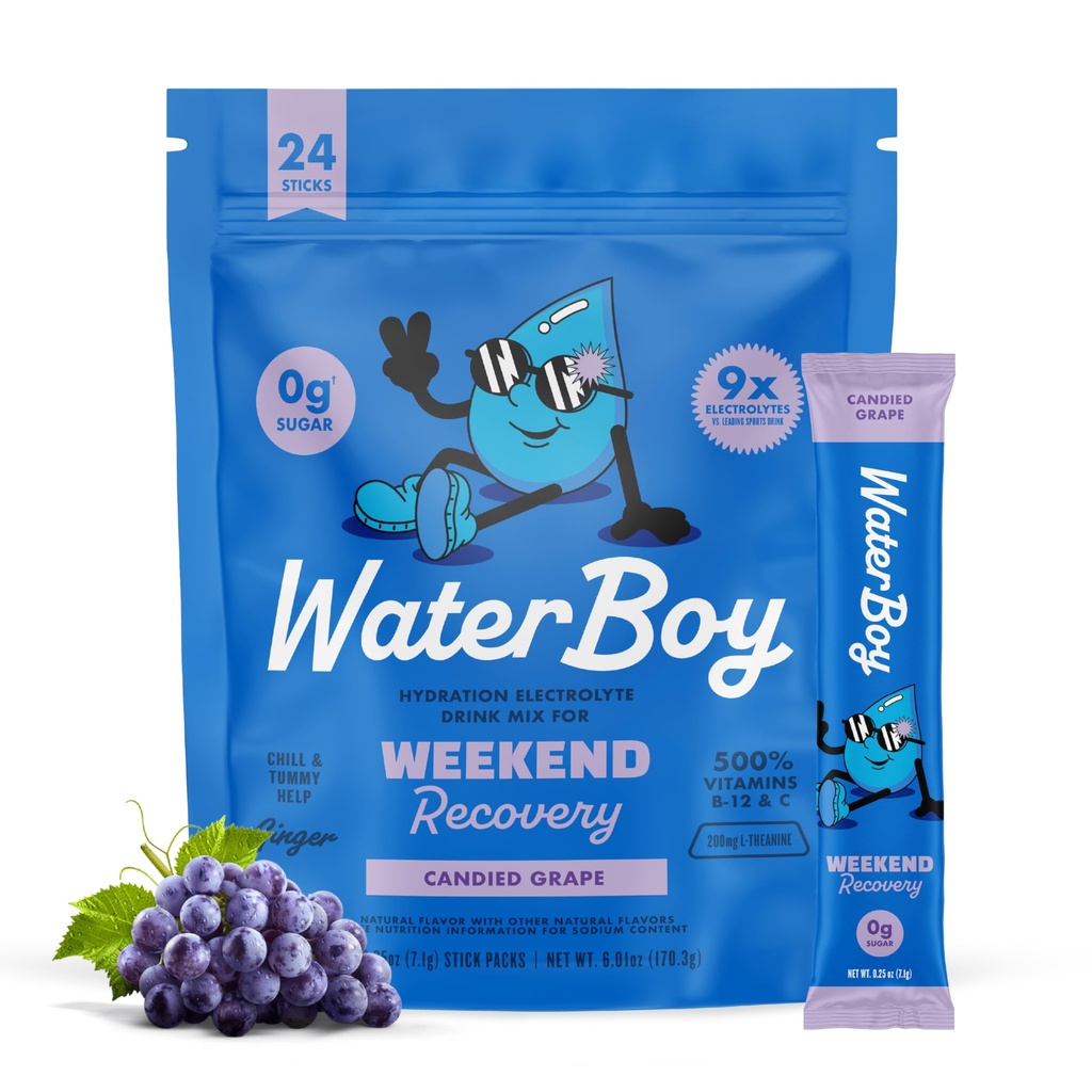 Waterboy Weekend Recovery • 124; 3,187mg Electrolyte Powder Packets • 124; Ginger + L- Theanine + Vitamin • 124; Ingen sukker, alle naturlige, Gluten Free • 124; 24 Drink Stick mix (Grape)