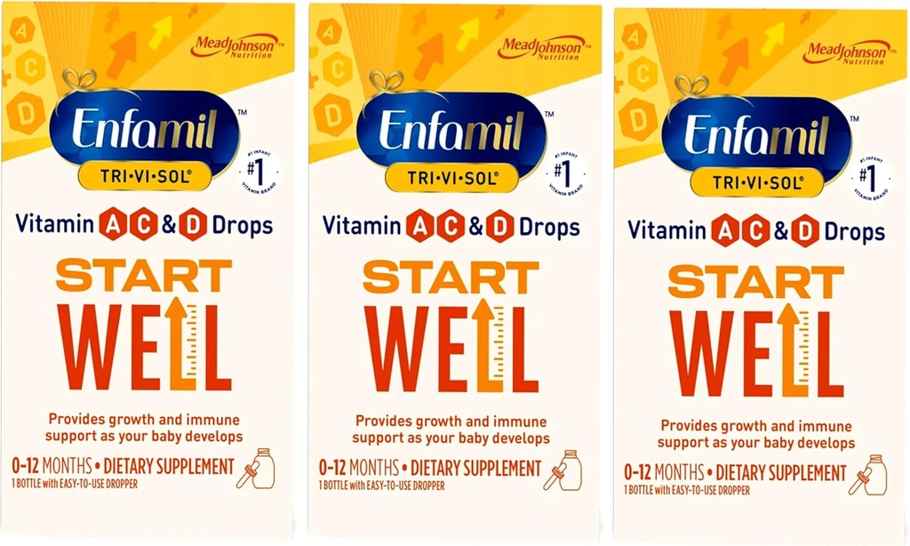 Enfamil Tri- Vi- Sol vitamin A, C & D dråber til spædbørn 0- 12 Måneder, Vækst og immunforsvar Kosttilskud, 1 flaske med Dropper (pakke med 3)